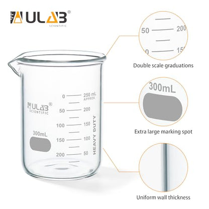 ULAB Scientific Glass Beakers, Vol. 300ml, 3.3 Borosilicate Griffin Low Form with Printed Graduation, Pack of 4, UBG1034 - style: Vol.300ml, Pack of 4