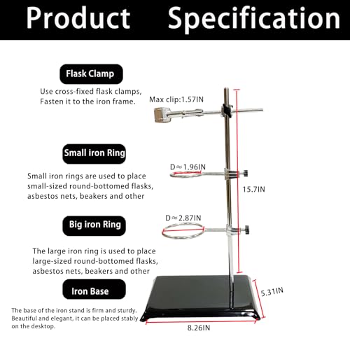 Laboratory Stand Support, Chemistry Test Tube Holder,Lab Table Clamp Stand W/ Burette Clamp And Flask Ring Clamps (16IN)