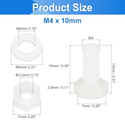 uxcell 300 Pcs/100 Sets Nylon Hex Bolts, M4 x 10mm Plastic Full Threaded Hex Head Screws Bolts and Nuts with Flat Washers for Machinery Electronics Industrial Accessories, White - size: M4 x 10mm