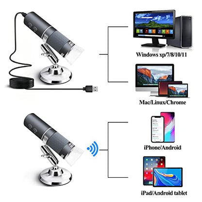 4K WiFi Microscope for iPhone Android PC, 50-1000X USB Digital Microscope Wireless Super HD Endoscope Camera Compatible with All Cellphones iPad Android Tablet Windows Mac Chrome Linux - color: Grey