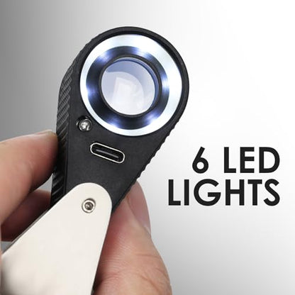 30X Loupe Magnifier USB Rechargeable 6 White and 6 UV Lights, 22mm Optical Lens Illuminated Pocket Foldable Eye Loupe Sewing Magnifying Glass for Watches, Coins, Currency, Stamps,Circuit Board