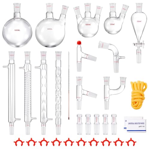 VEVOR Lab Distillation Kit, 3.3 Boro Lab Glassware Distillation Kit with 24, 40 Joint, 1000ml Essential Oil Distillation Apparatus Kit, 32 pcs Set of Glassware Equipment - size: 32 Pieces
