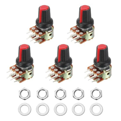 MECCANIXITY 5 Set WH148 B250K Ohm Potentiometer Kit 6-Pin 15mm Shaft Red - size: 15mm, style: B250K