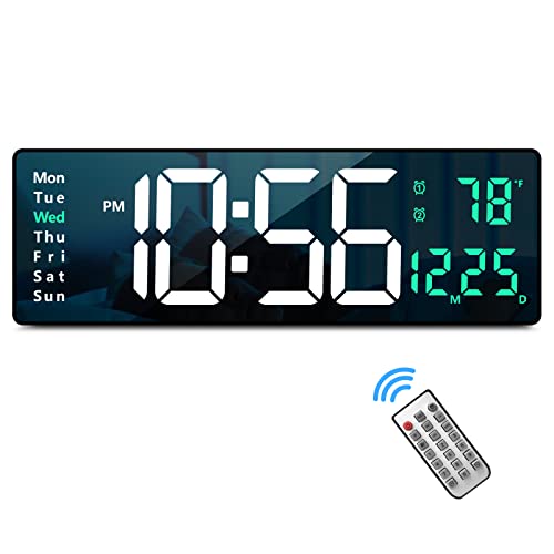 Digital Wall Clock Large Display, 16" with Remote Control for Living Room Gym Shop Warehouse Office Garage Decor, Auto Brightness Dimmer Reloj De Pared with Date Week Temp (Green) - color: Green