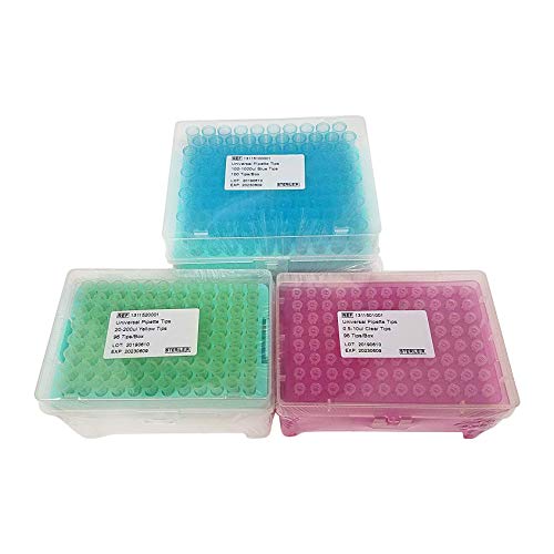 Set of 3 Variable Volume Single Channel Pipettes, Adjustable Pipettors, 0.5-10 µl, 20-200 µl, 100-1000 µl with 3 Boxes of sterile Pipette Tips