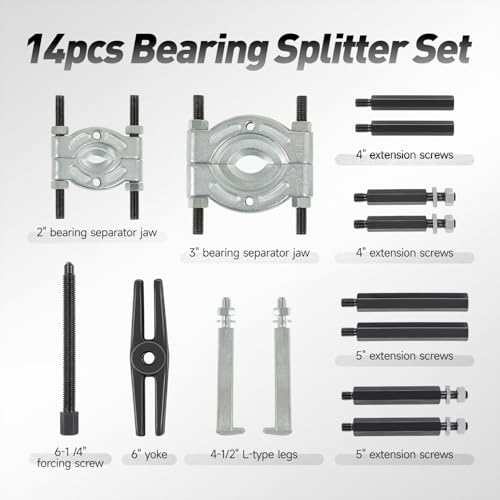 DNA Motoring 14 PCS Bearing Puller Set, 5 Ton Capacity Bearing Separator with 2" and 3" Jaws, Pinion Bearing Puller and Wheel Bearing Removal Tool, TOOLS-00453 - style: 14pcs Bearing Separator Set
