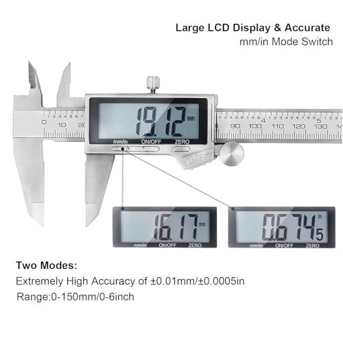 Digital Caliper Measuring Tool, IP54 Waterproof Stainless Steel Vernier Caliper Digital Micrometer with Large LCD Screen, Easy Switch from Inch Metric, 6 Inch Caliper Tool for DIY/Household