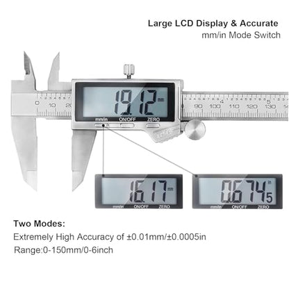 Digital Caliper Measuring Tool, IP54 Waterproof Stainless Steel Vernier Caliper Digital Micrometer with Large LCD Screen, Easy Switch from Inch Metric, 6 Inch Caliper Tool for DIY/Household