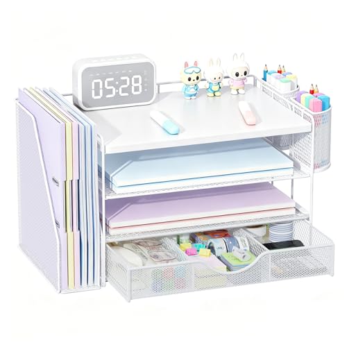 gianotter Wood Desk Organizers and Accessories with File Holder, 4-Tier Desk Accessories & Workspace Organizers with Drawer and 2 Pen Holder, Desk Reference Organizer (White, 4T with Metal Drawer) - color: Matte White