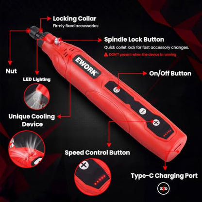 EWORK 71PCS Mini Rotary Tool, 5-Speed Rotary Tool Kit for DIY Enthusiasts - color: Red(71pcs)