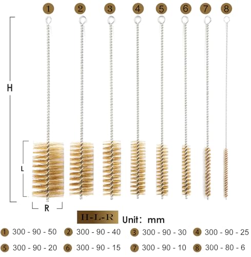 12 Inch Long Brass Tube Brushes for Pipe Cleaning Set with Brass Bristles, Tube Bottle Brush Kit, 8 Sizes for Auto Parts, Bottles, Guns, Tubes, Etc, Yellow, WMXX-BRASS-12
