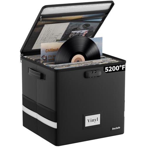 DocSafe Vinyl Record Storage Box with Lock(5200℉) - 8 Layers Fireproof - color: Black, size: 13.1"x13.1"x13.1", 1 pack