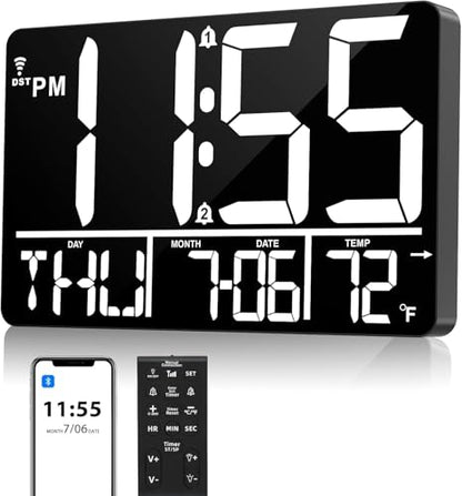13" Bluetooth Auto Sync Wall Clock - Large Digital Alarm Clock with Remote - style: White Numbers