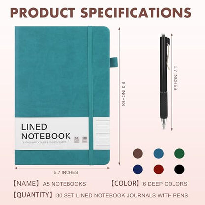 Aodaer 30 Set Lined Notebook Journals with Pens A5 Notebooks 100 GSM College Ruled Hardcover Notebook PU Leather Notepad with Pen Holder for Office School, 5.7 x 8.3 Inches, Deep Multicolor - color: Deep Multicolor