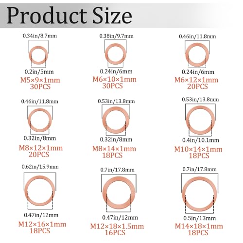 188 PCS Copper Crush Washer Metric Oil Drain Plug Assortment Kit Sealing Washers 9 Sizes（M5 M6 M8 M10 M12 M14） - size: 188PCS