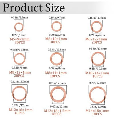 188 PCS Copper Crush Washer Metric Oil Drain Plug Assortment Kit Sealing Washers 9 Sizes（M5 M6 M8 M10 M12 M14） - size: 188PCS