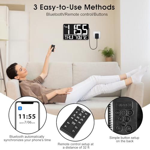 13" Bluetooth Auto Sync Wall Clock - Large Digital Alarm Clock with Remote - style: White Numbers