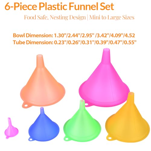 6 Pcs Plastic Funnel Set - Mini/Small/Large Funnels Set for Kitchen, Liquids, Powders, Oils & DIY Projects