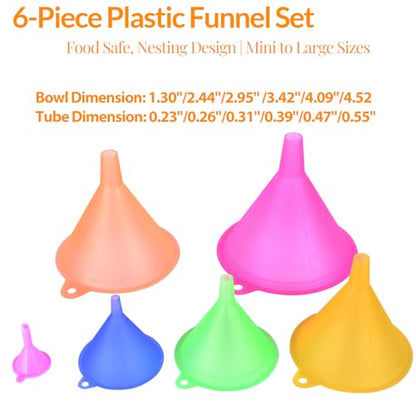 6 Pcs Plastic Funnel Set - Mini/Small/Large Funnels Set for Kitchen, Liquids, Powders, Oils & DIY Projects