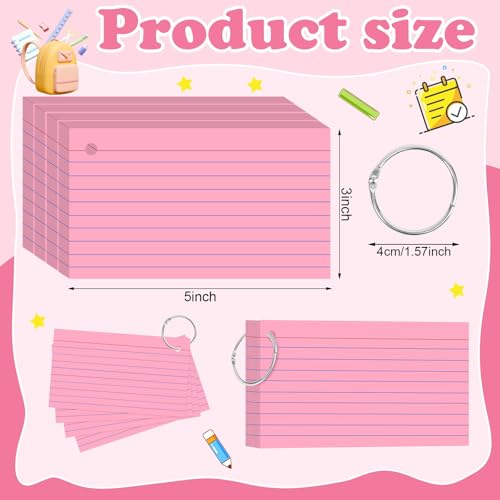 200 Count Pink Index Cards 3x5 Inch Flash Cards Note Cards with Ring - color: Pink-200 Count, size: 3x5