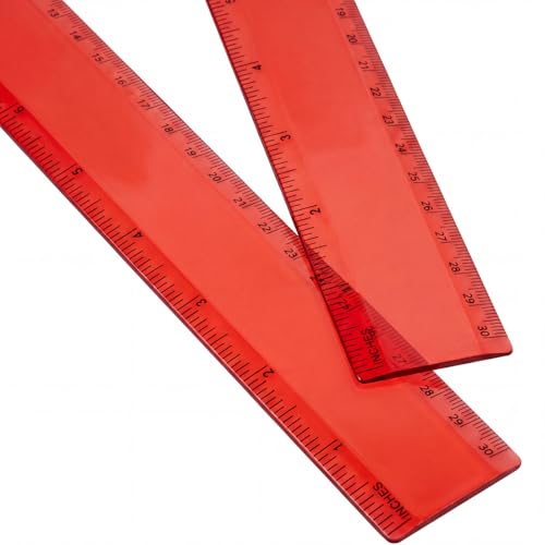 EBOOT 2 Pack Plastic Ruler Straight Clear Measuring Tool, Red, 12 Inch - color: Red, size: 12 Inch
