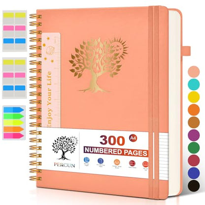 PERCUN Spiral Notebook 300 Numbered Lined Pages Hardcover Journal 8.5"x11" - color: Pink, size: A4 size (8.5in x 11.5in)