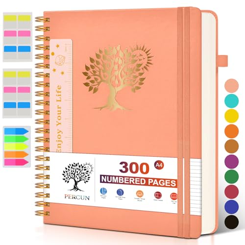 PERCUN Spiral Notebook 300 Numbered Lined Pages Hardcover Journal 8.5"x11" - color: Pink, size: A4 size (8.5in x 11.5in)