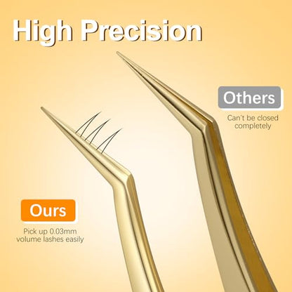 MORGLES Golden Lash Tweezers Set, 5 PCS Professional Eyelash Tweezers - color: Golden