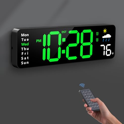 Digital Wall Clock, Digital Clock Large Display with Remote Control, Corded LED Alarm Clocks with Date, Week, Temp, Humidity, Auto DST, Countdown, for Living Room Bedroom Classroom Office (Green) - color: Green