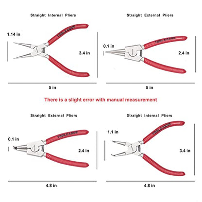 TOOLEAGUE 5" Small Snap Ring Pliers Set, Mini Circlip Pliers Kit, 4 Pcs - size: 5 inches (Bent/Straight, Internal/External, 4Pcs)
