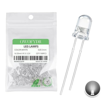 100PCS 3mm White LED Diodes, Clear Lens, Through-Hole Lights - color: (Transparent) WHITE, size: 3MM