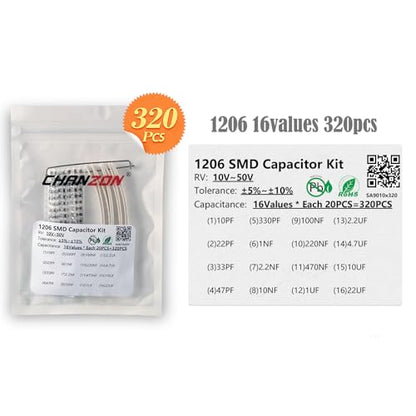 Chanzon 1206 SMD Capacitor Kit 16 Values*20Pcs=320Ppcs 10pF-22uF - 10V-50V