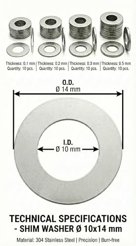 10x14mm Bearing Shim Washers RC Stainless Steel 40pc 0.1-0.5mm - size: 10x14