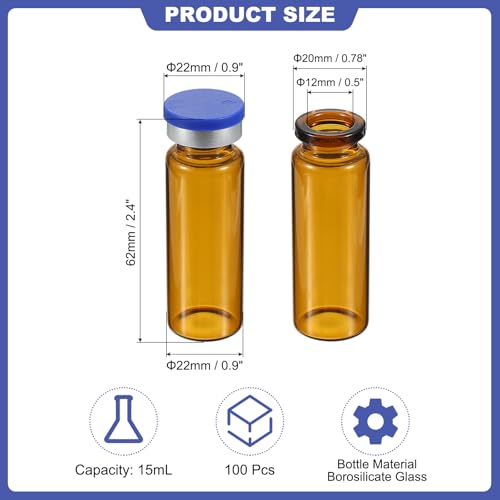 PATIKIL 15ml Sample Vials, 100 Pack Lab Empty Vials with Butyl Rubber Stopper Crimp Top Caps and Labels Borosilicate Glass Vial, Amber - color: Amber, size: 15ml