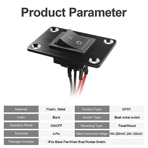 1Pcs Black KCD4 Boat Rocker Switch 2-Position 4-Pin Pre-Wired DPST Panel Switch 16A 250VAC 20A 125VAC, CE - color: 1Pcs Black/Pre-Wired
