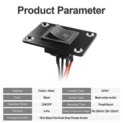 1Pcs Black KCD4 Boat Rocker Switch 2-Position 4-Pin Pre-Wired DPST Panel Switch 16A 250VAC 20A 125VAC, CE - color: 1Pcs Black/Pre-Wired