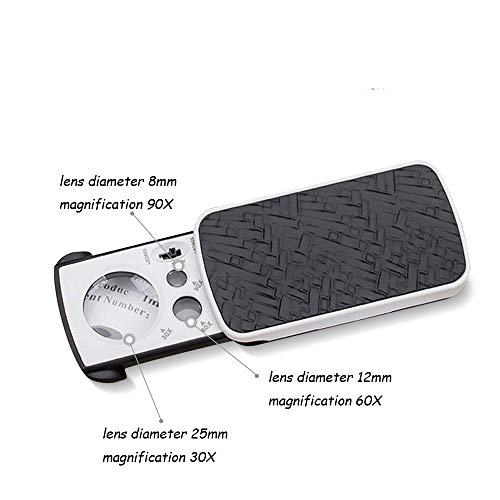 Slide Out Jewelry Loupes Magnifier Portable Pocket 30X 60X 90X Handheld Magnifying with 2 LED 1 Light Professional Protective Glass Loupe for Jewelry Rocks Stamps Coins Antiques Watches