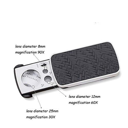 Slide Out Jewelry Loupes Magnifier Portable Pocket 30X 60X 90X Handheld Magnifying with 2 LED 1 Light Professional Protective Glass Loupe for Jewelry Rocks Stamps Coins Antiques Watches