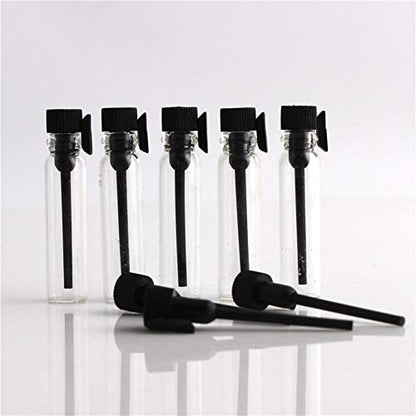 Teensery 100 Pcs Empty Perfume Sample Bottles Mini Glass Refillable Sample Vial Containers with Black Cap for Aromatherapy, Essential Oil, Fragrance and Liquid (1ml) - size: 1ml