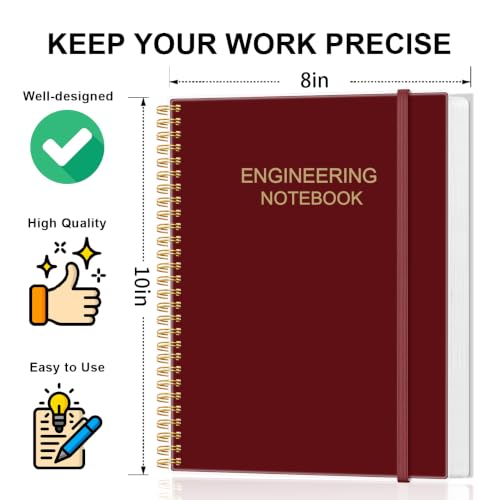 Engineering Notebook/Engineer Graph Paper Notebook - (.25" Grid Format), Lab Notebook Quad Ruled Book with Grid Pages: Table of Contents for Chemistry, Physics, Biology, 8" x 10", Spiral Bound, Red - color: Red