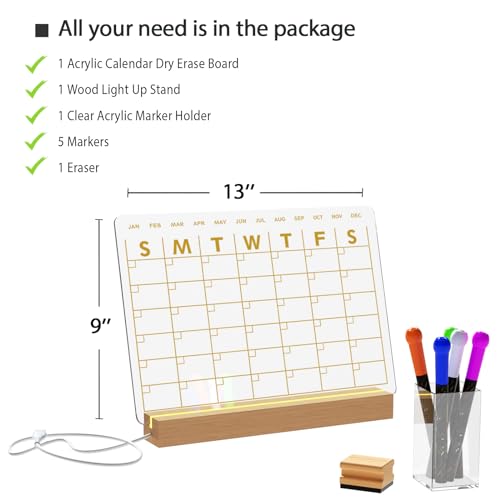 Light Up Clear Dry Erase Calendar 13 x 9 inch with 5 Markers, Acrylic Lighting Markable Calendar Board Agenda for Bedroom/Office/Home/Kitchen - style: Calendar