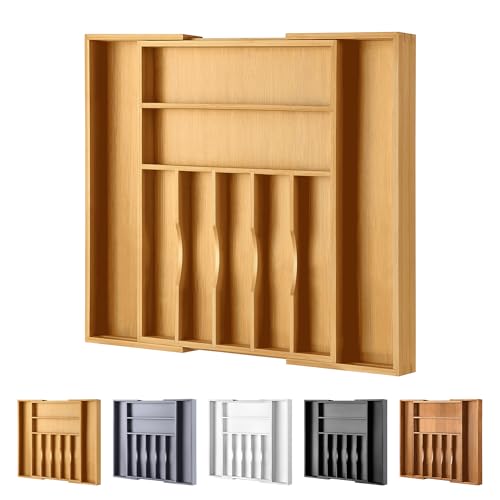 Large Premium Bamboo Silverware Organizer - Expandable Drawer Organizer & Utensil Organizer - 17"x19.7" Cutlery Tray with Dividers for Kitchen Utensils and Flatware (7-9 Slots) (Natural) - color: Natural, size: 9 Slots Expandable