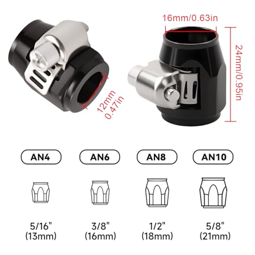 Aluminum Hose End Finisher Clamp, Universal Fit, Red Chrome Finish, 4pcs Set for Stainless Steel and Rubber Hoses, Model (Black, 6AN) - color: Black, size: 6AN