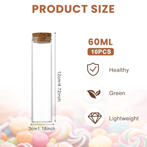 10PCS 60ml/2oz Empty Clear Borosilicate Glass Test Tubes Flat Test Tubes with Cork Stoppers Vials Jars Container Holder Message Bottle for Scientific Experiments Bath Salt Tea Candy Party Favor