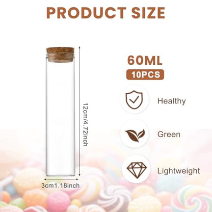10PCS 60ml/2oz Empty Clear Borosilicate Glass Test Tubes Flat Test Tubes with Cork Stoppers Vials Jars Container Holder Message Bottle for Scientific Experiments Bath Salt Tea Candy Party Favor