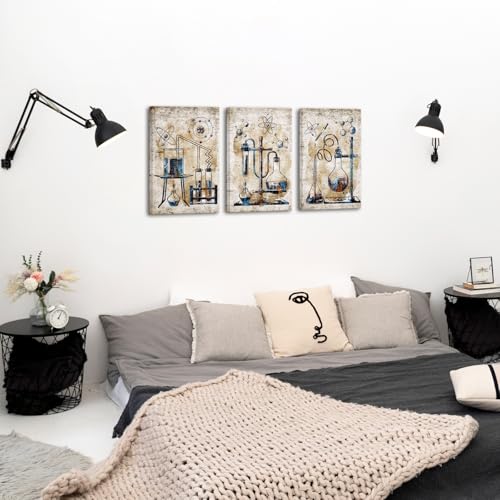 KREATIVE ARTS Vintage Industrial Science Wall Art Set of 3 Canvas Prints Each Panel 16x24 Chemistry Laboratory Equipment Artwork Rustic Design Classroom Decor Ready to Hang