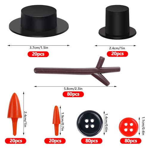 Marrywindix 400 Pieces Christmas Snowman DIY Craft Buttons Kit 40 Carrot Noses Buttons 40 Mini Black Magician Hats 240 Tiny Buttons and 80 Trigeminal Hand for Christmas Party Supplies