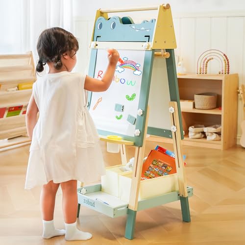 ROBUD Kids Easel, Wooden Adjustable Crocodile Easel for Kids, Double-Sided Magnetic Toddlereasel with Drawing Accessories，1Paper Roll, 2 Storage Boxs... WF013