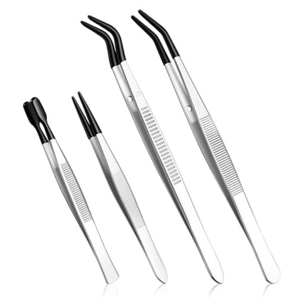 4PCS Tweezers with Rubber Tips, Black Stainless Steel Tweezers for Crafts