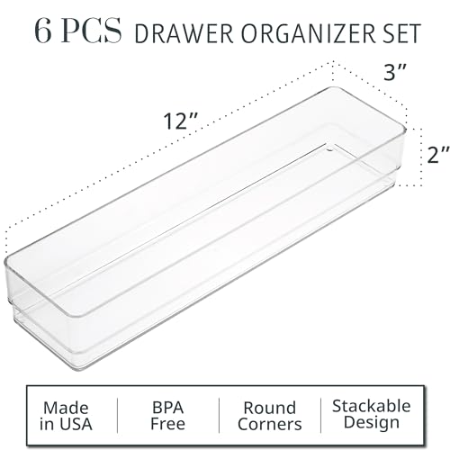 STORi SimpleSort 6-Piece Stackable Clear Drawer Organizer Set | 12" x 3" x 2" Rectangle Trays | Narrow Makeup Vanity Storage Bins and Office Desk Drawer Dividers | Made in USA - size: 12x3x2" (Set of 6)